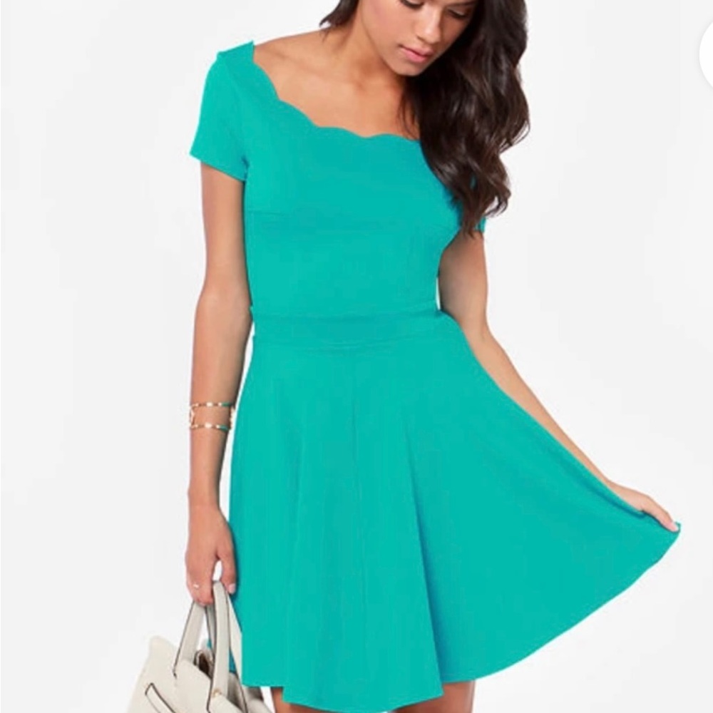 Lulus Teal Scalloped Neck Skater Dress L 👗👗👗